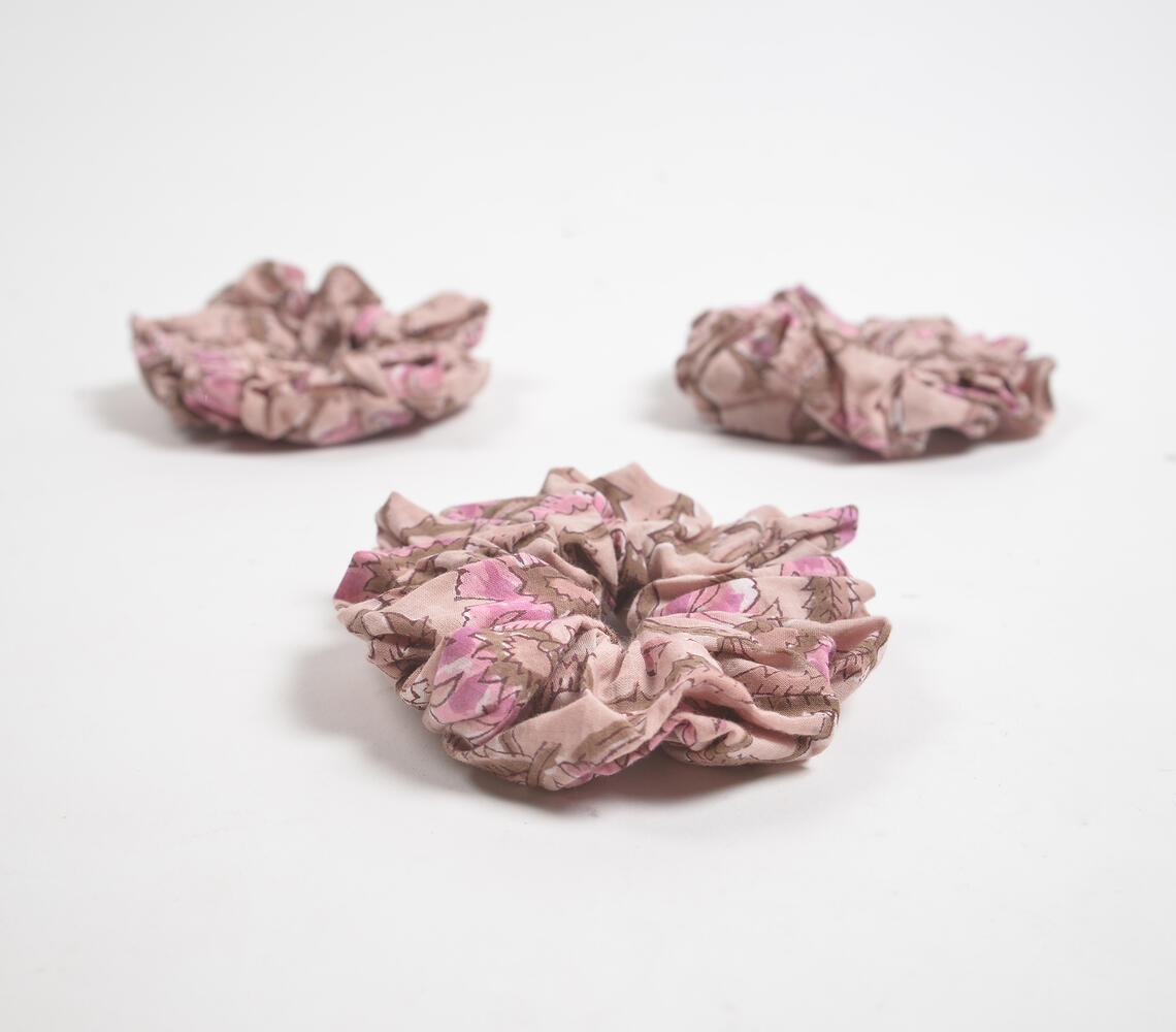 Block Printed Dusty Rose Scrunchie Hair Ties (set of 3) - Pink - VAQL101018124985