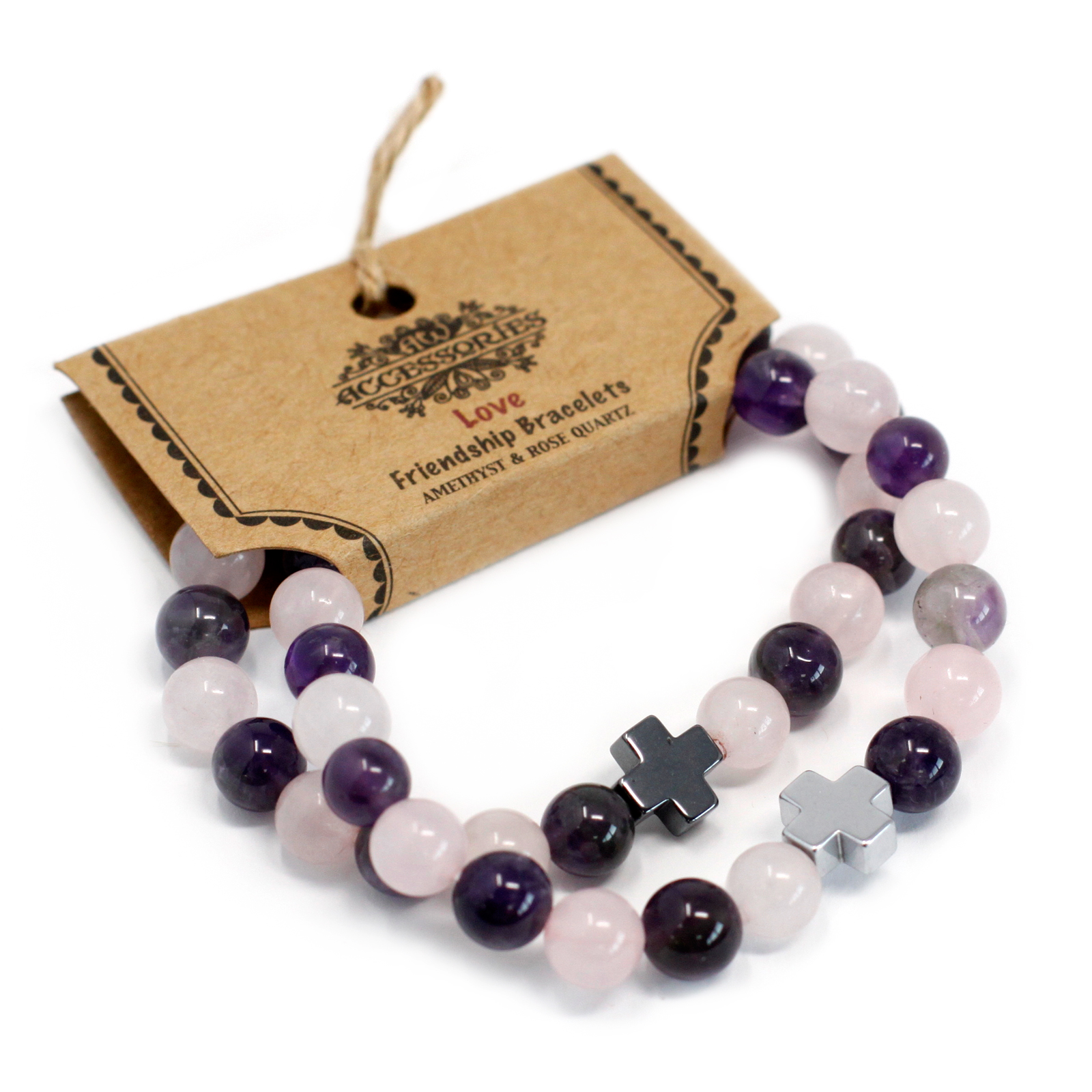 Set of 2 Gemstones Friendship Bracelets - Love - Amethyst & Rose Quartz - 1 Piece (FGB-02)