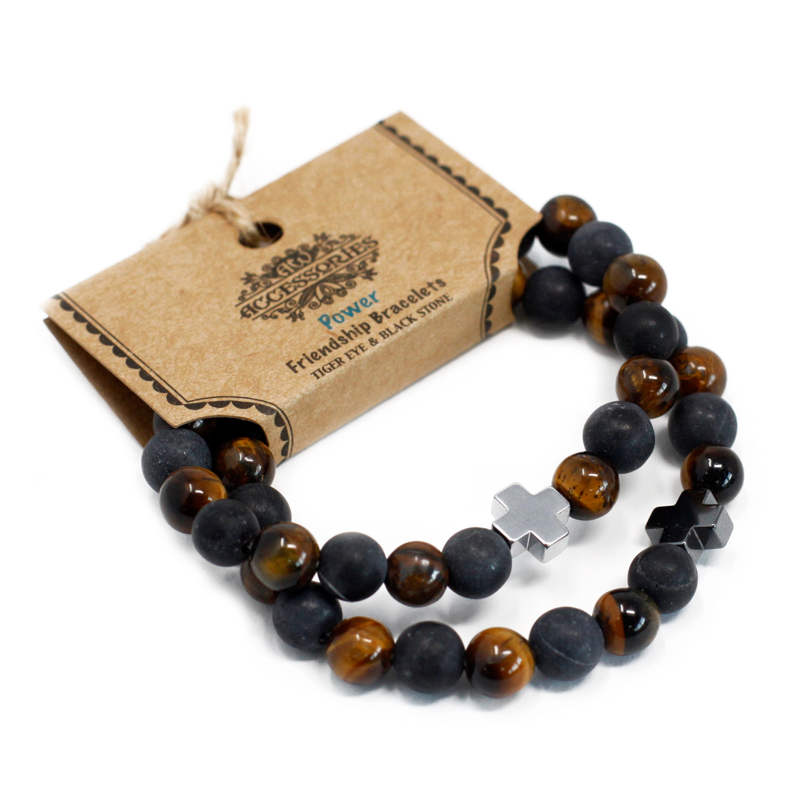 Set of 2 Gemstones Friendship Bracelets - Power - Tiger Eye & Black Stone - 1 Piece (FGB-03)