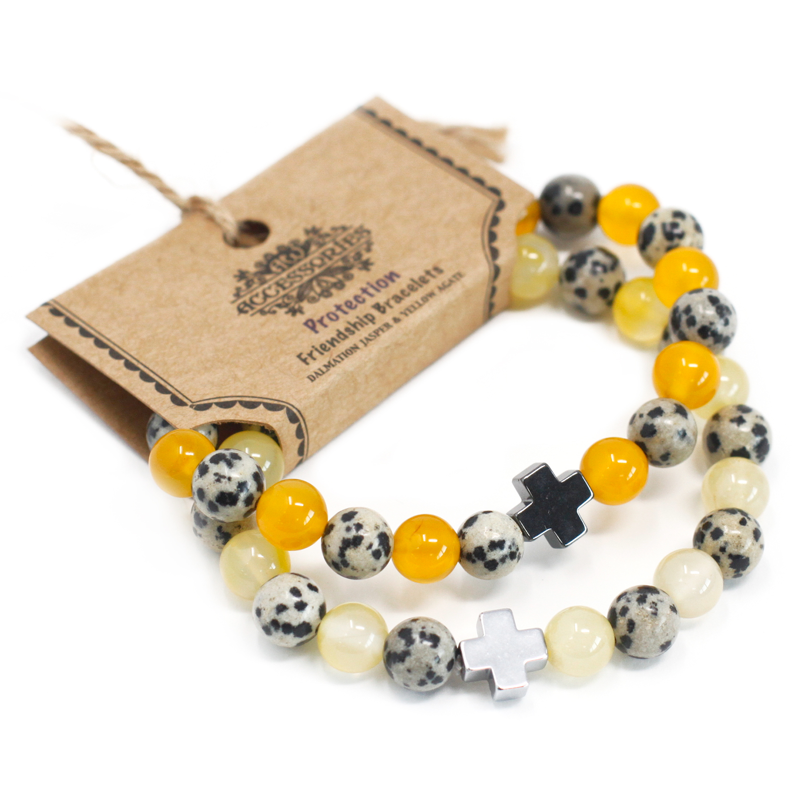 Set of 2 Gemstones Friendship Bracelets - Protection - Dalmation Jasper & Yellow Agate - 1 Piece (FGB-04)