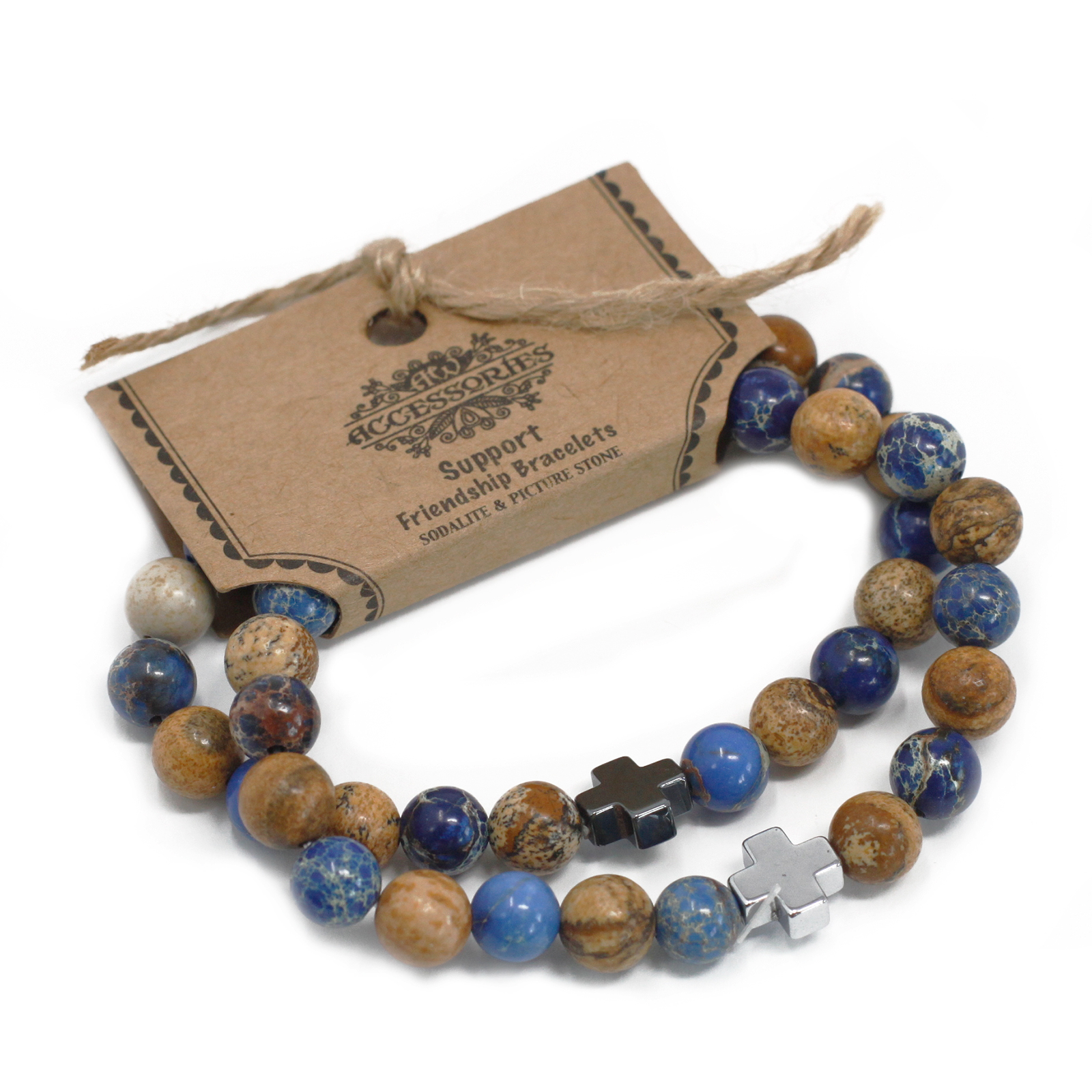 Set of 2 Gemstones Friendship Bracelets - Support - Sodalite & Picturestone - 1 Piece (FGB-08)