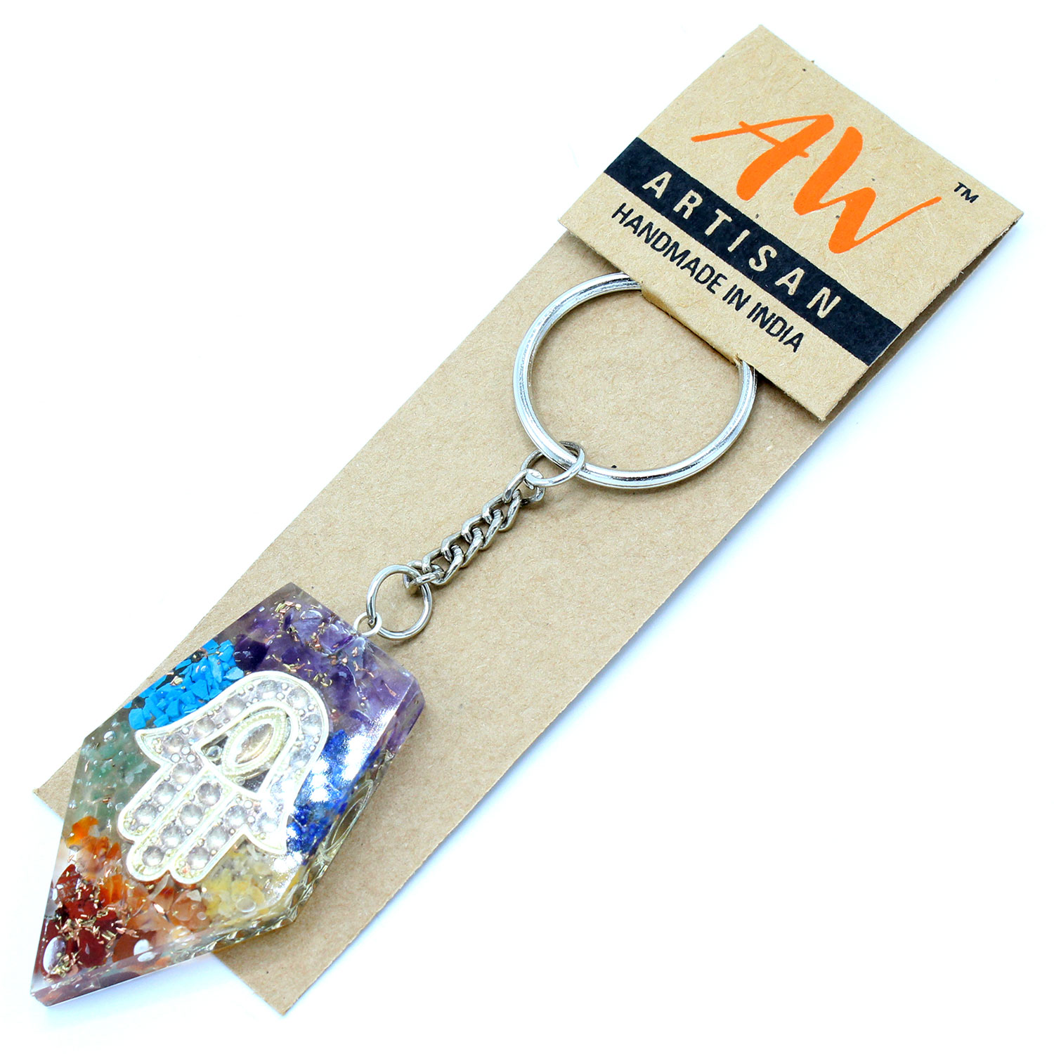 Orgonite Power Keyring - Gemstone Chakra Hamsa - 1 Piece (OrgK-06)