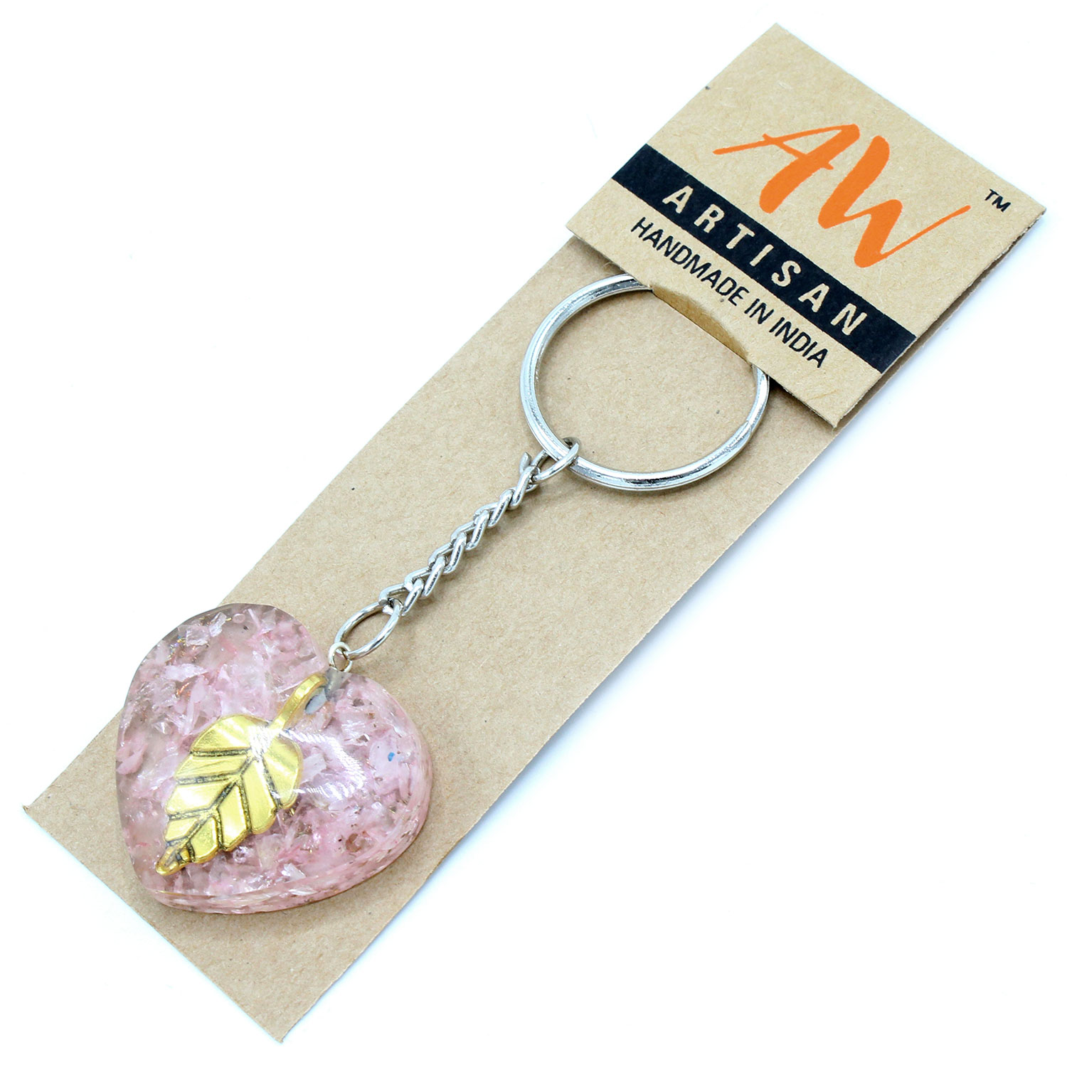 Orgonite Power Keyring - Rose Quartz Heearts Golden Leaf - 1 Piece (OrgK-10)
