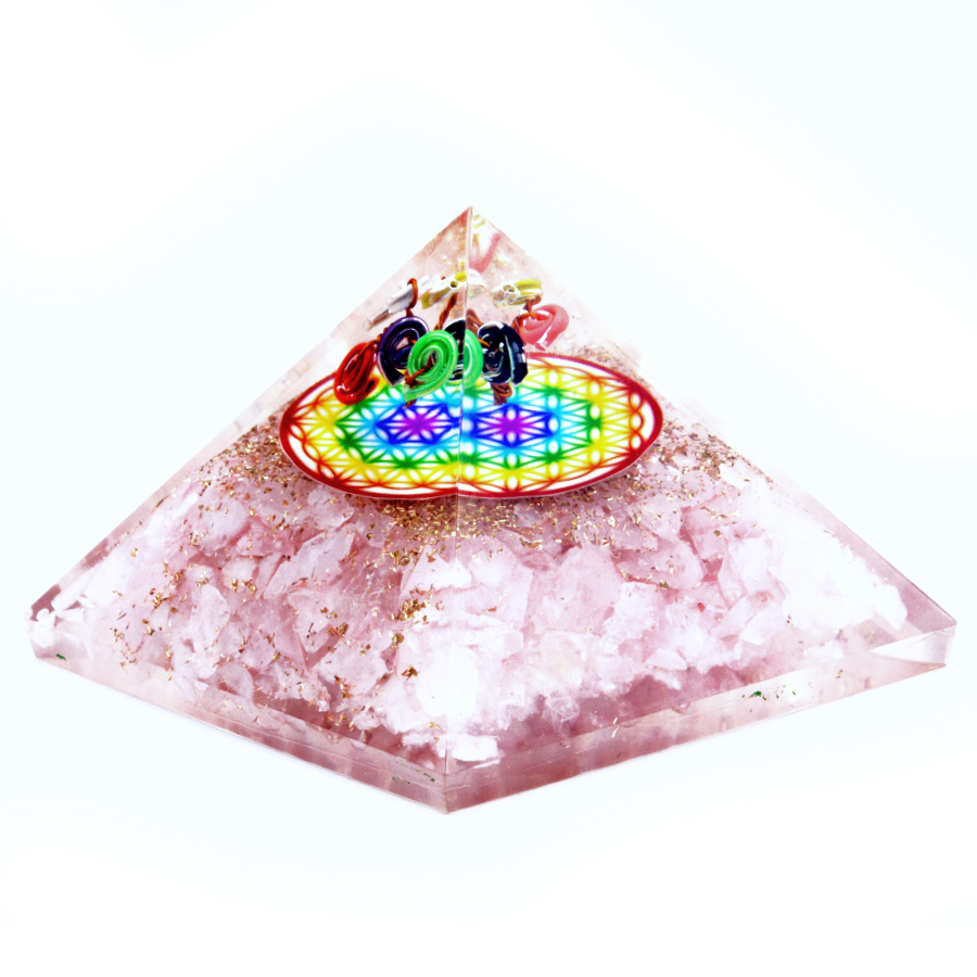 Orgonite Pyramid -  Rose Quartz Rainbow Flower of Life - 70 mm - 1 Piece (Orgn-19)