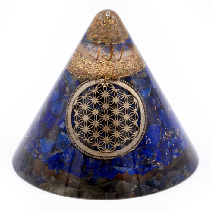 Orgonite Cone - Lapis Flower of Life - Suspended Quartz - 90 mm - 1 Piece (Orgn-21)
