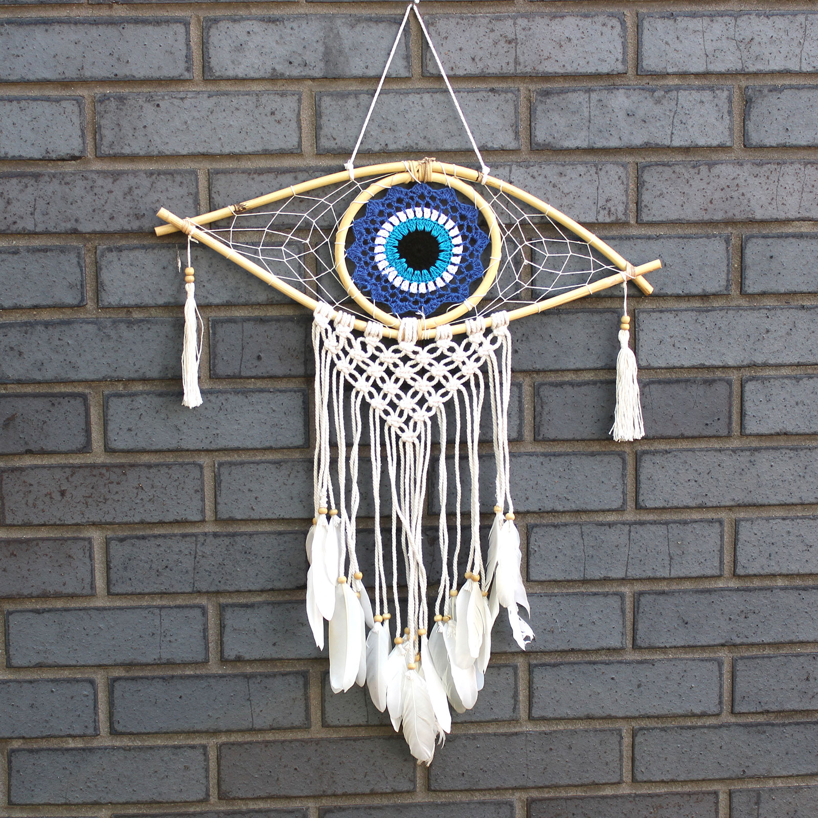 Protection Dream Cather - Med Macrame Evil Eye Blue/White/Black - 1 Piece (EyeDC-08)