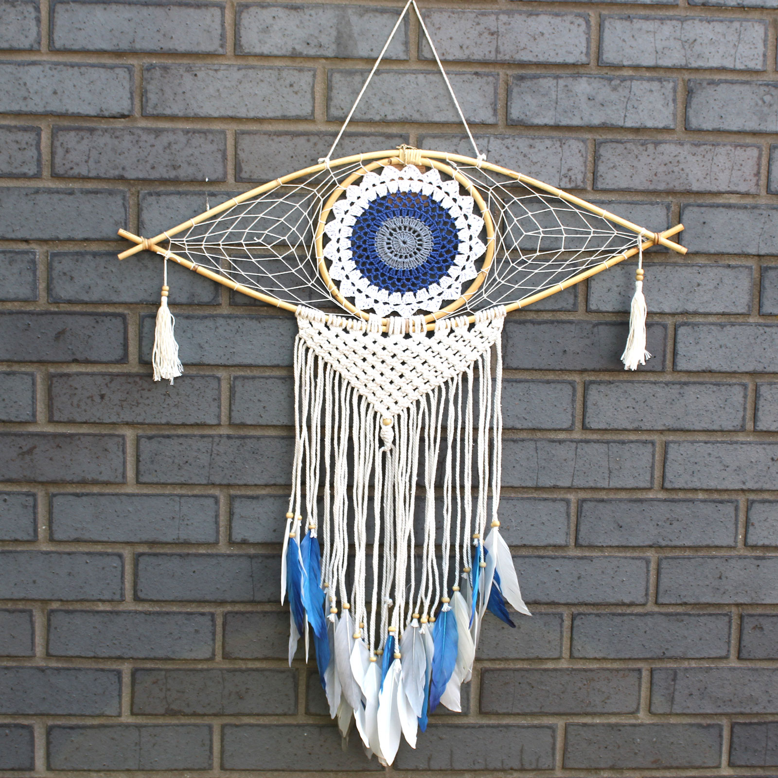Protection Dream Cather - Lrg Macrame Eye White/ Blue/Grey - 1 Piece (EyeDC-02)