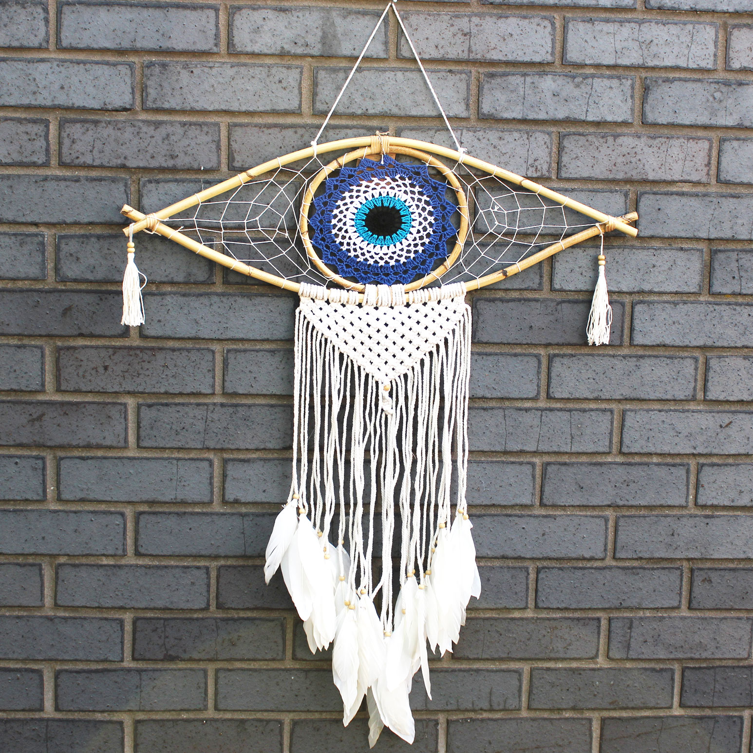Protection Dream Cather - Lrg Macrame Evil Eye Blue/White/Black - 1 Piece (EyeDC-04)