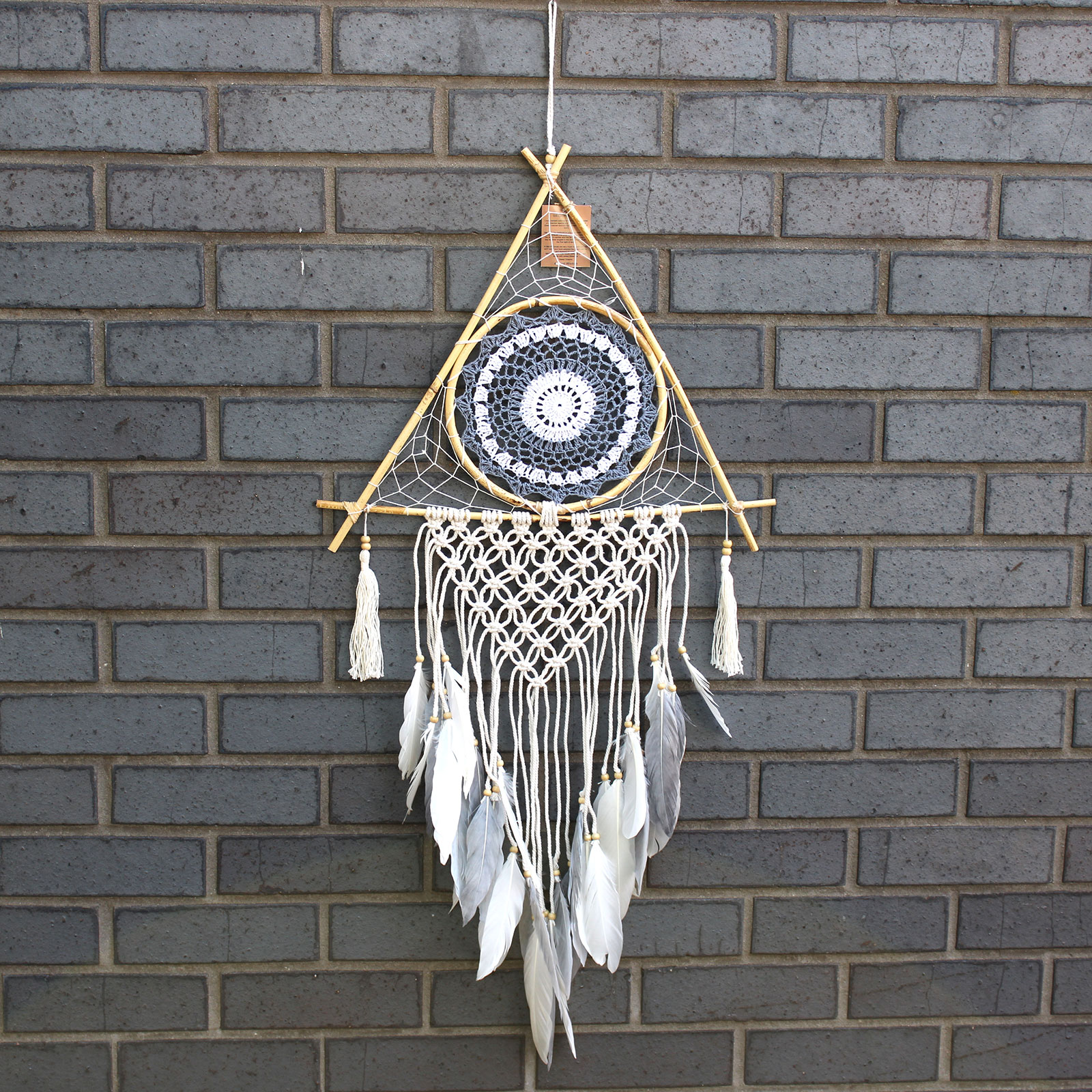 Protection Dream Cather - Lrg Macrame Pyramid White/Grey - 1 Piece (EyeDC-11)
