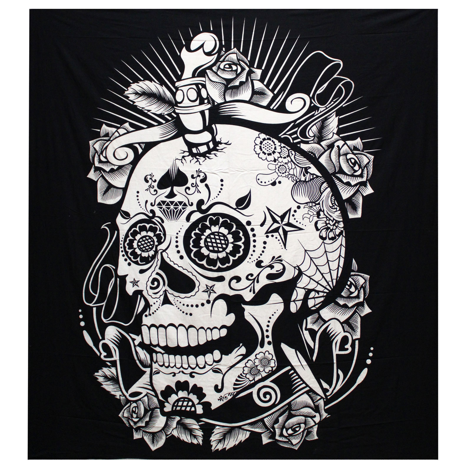B&W Double Cotton Bedspread + Wall Hanging - Rose Skull - 1 Piece (BWCB-06)