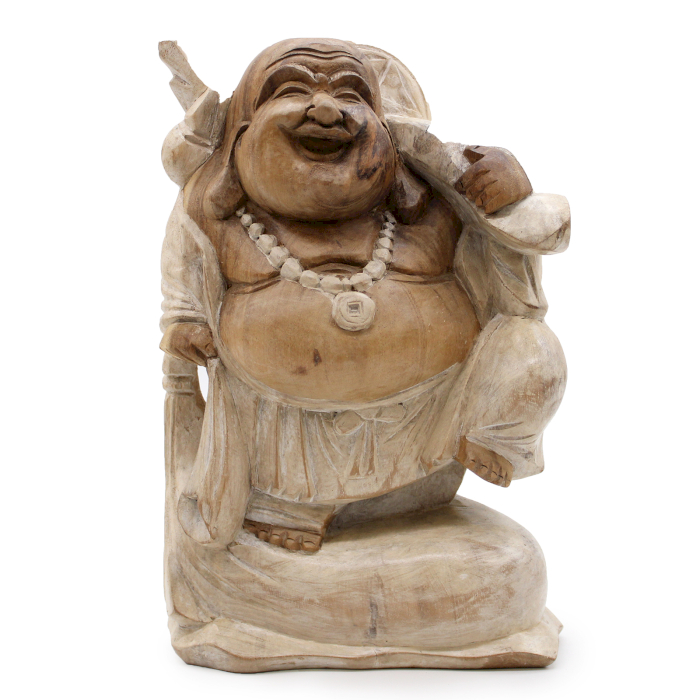 Hand Carved Buddha Statue - 30cm Bring Wood - Whitewash - 1 Piece (HCBS-17)
