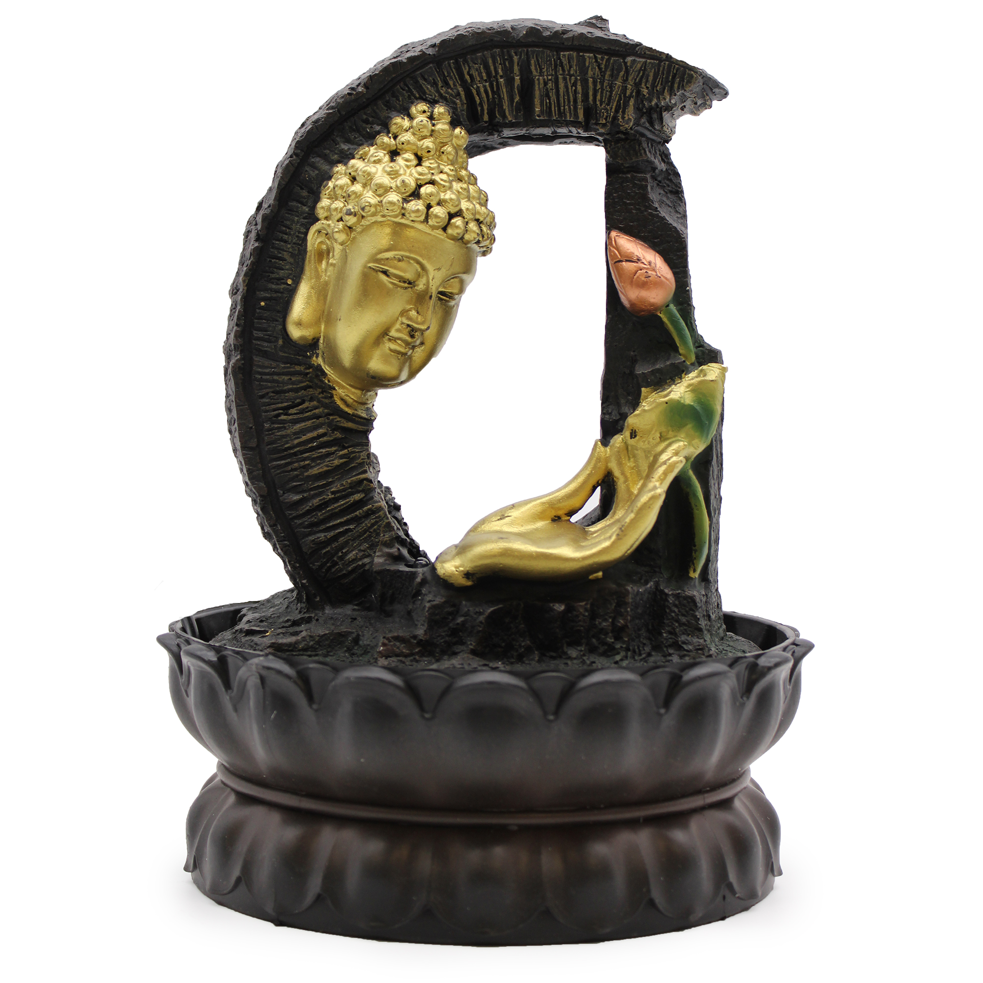 Tabletop Water Feature - 30cm - Golden Buddha & Lotus - 1 Piece (WaterF-02)