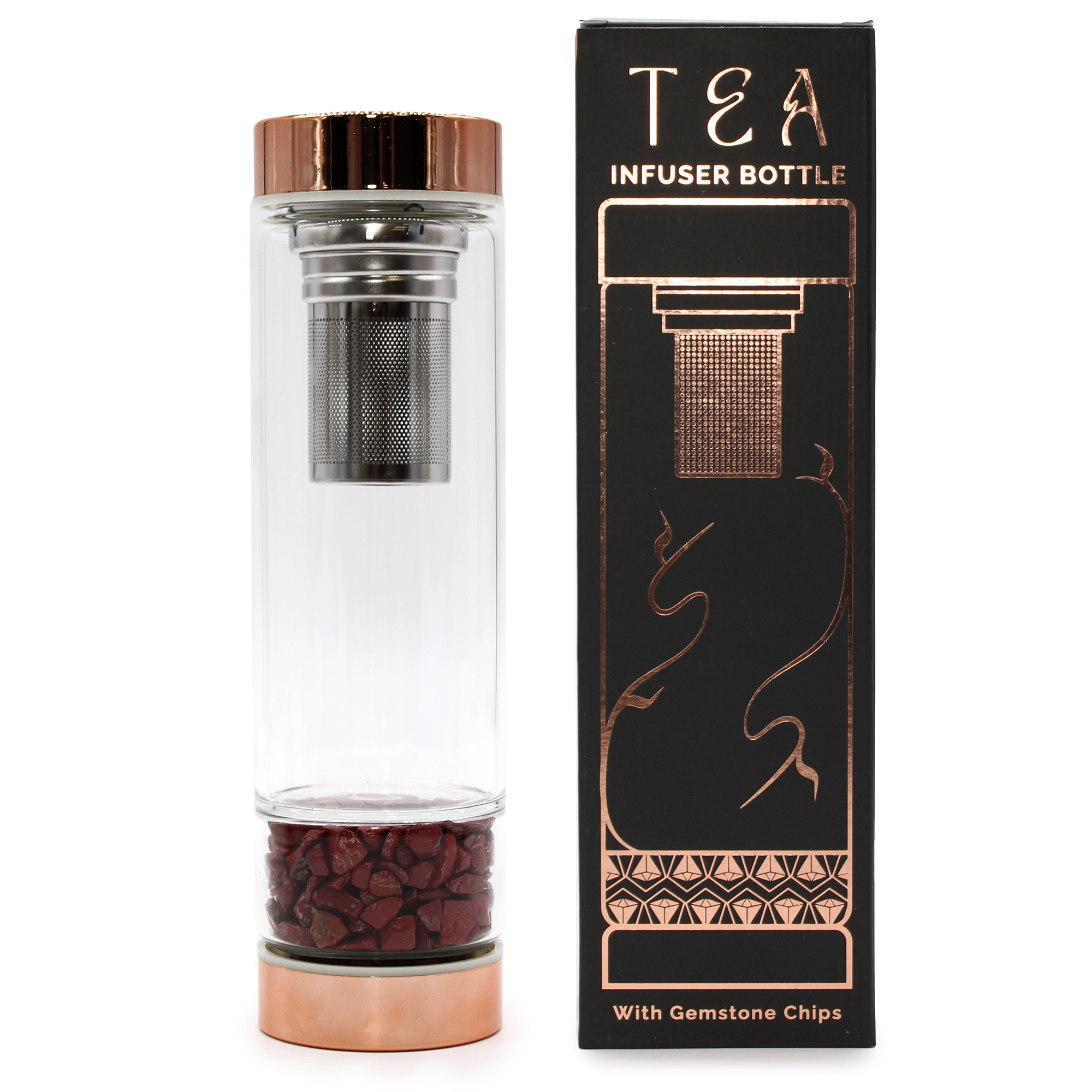 Crystal Glass Tea Infuser Bottle - Rose Gold - Red Jasper - 1 Piece (CGTIB-04)