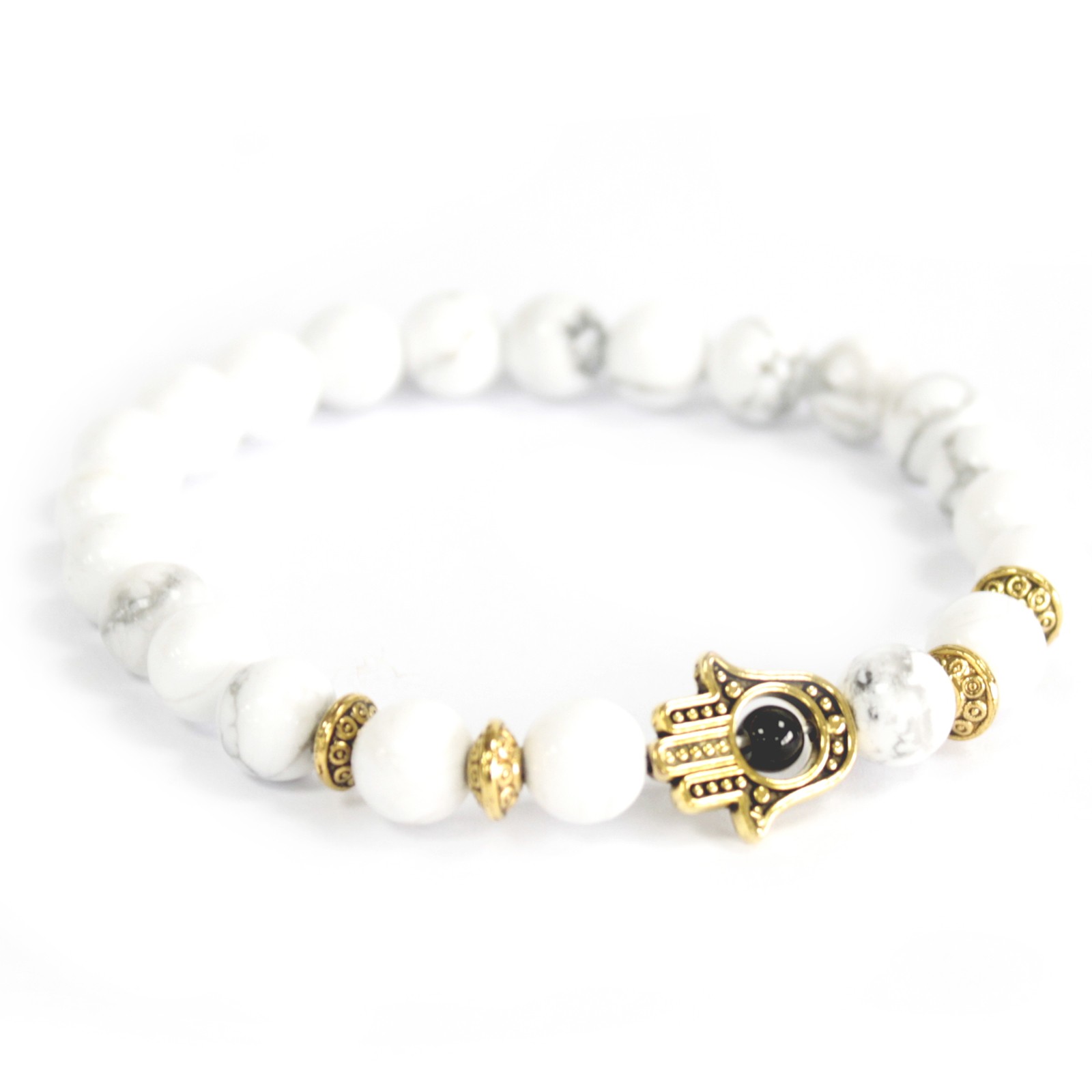 Gold Hamsa / White Stone - Gemstone Bracelet - 1 Piece (Boho-10)