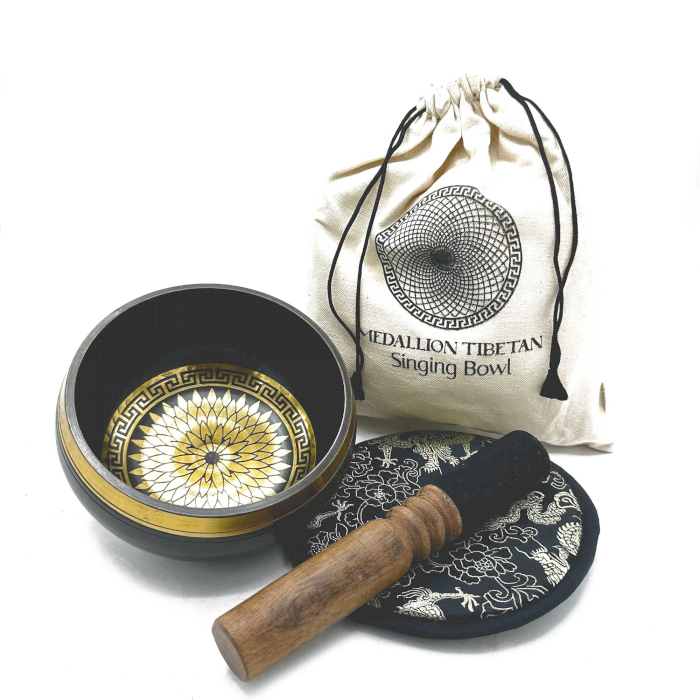 Hand Beaten & Engraved Singing Bowl Gift Set - 14cm - Round Medallions - 1 Piece (TIbS-22)