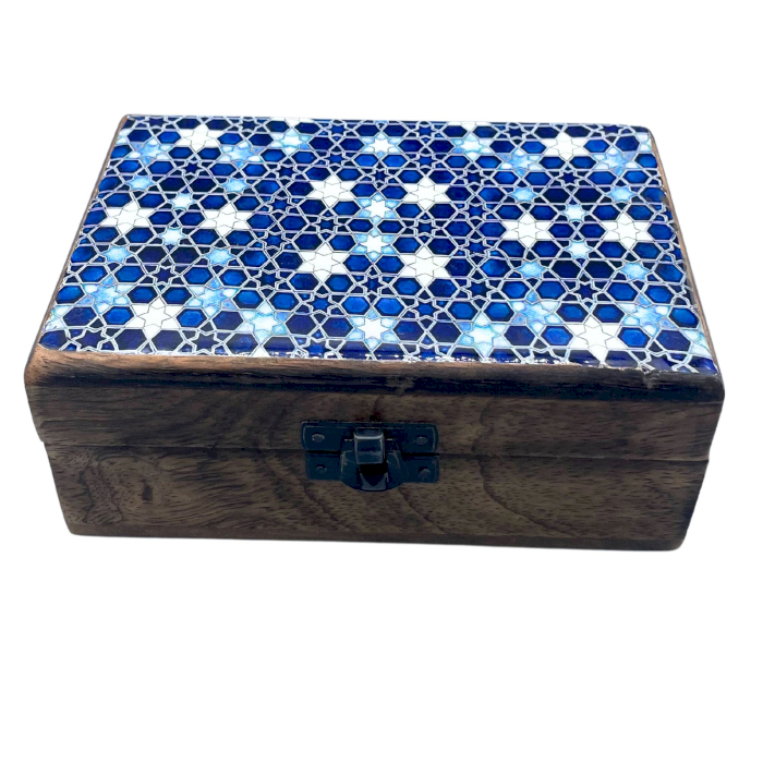 Medium Ceramic Glazed Wood Box - 15x10x6cm - Blue Stars - 1 Piece (CGIBox-01)
