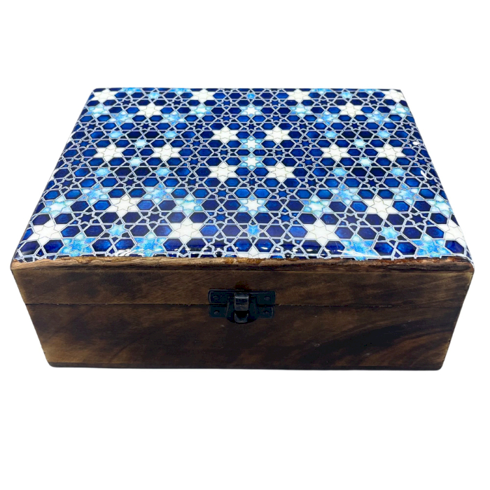 Large Ceramic Glazed Wood Box - 20x15x7.5cm - Blue Stars - 1 Piece (CGIBox-07)