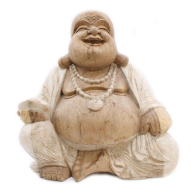 Hand Carved Buddha Statue - 50cm Happy - Whitewash - 1 Piece (HCBS-15)