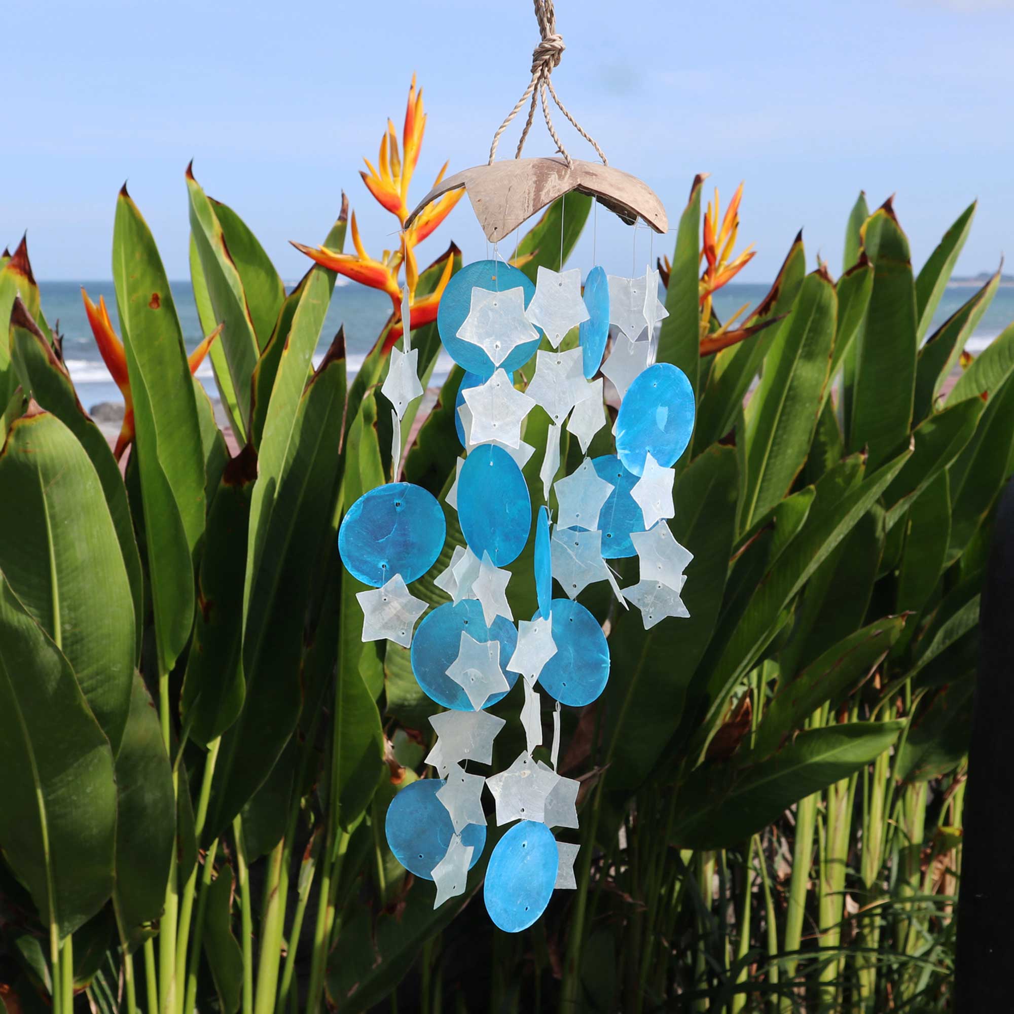 Coconut & Capiz Windchimes - Blue and White Stars - 30cm - 1 Piece (Copi-10)