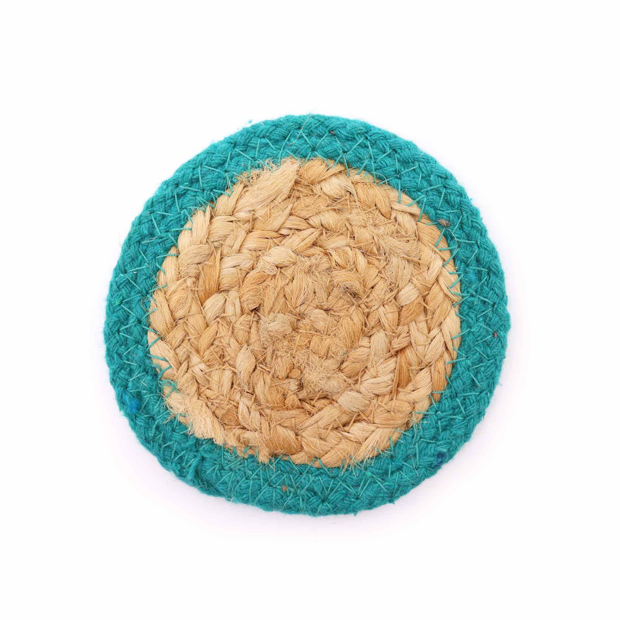 Natural Coaster - Jute & Cotton 10cm  (set of 4) - Teal Boarder - 1 Piece (NPMAT-12)