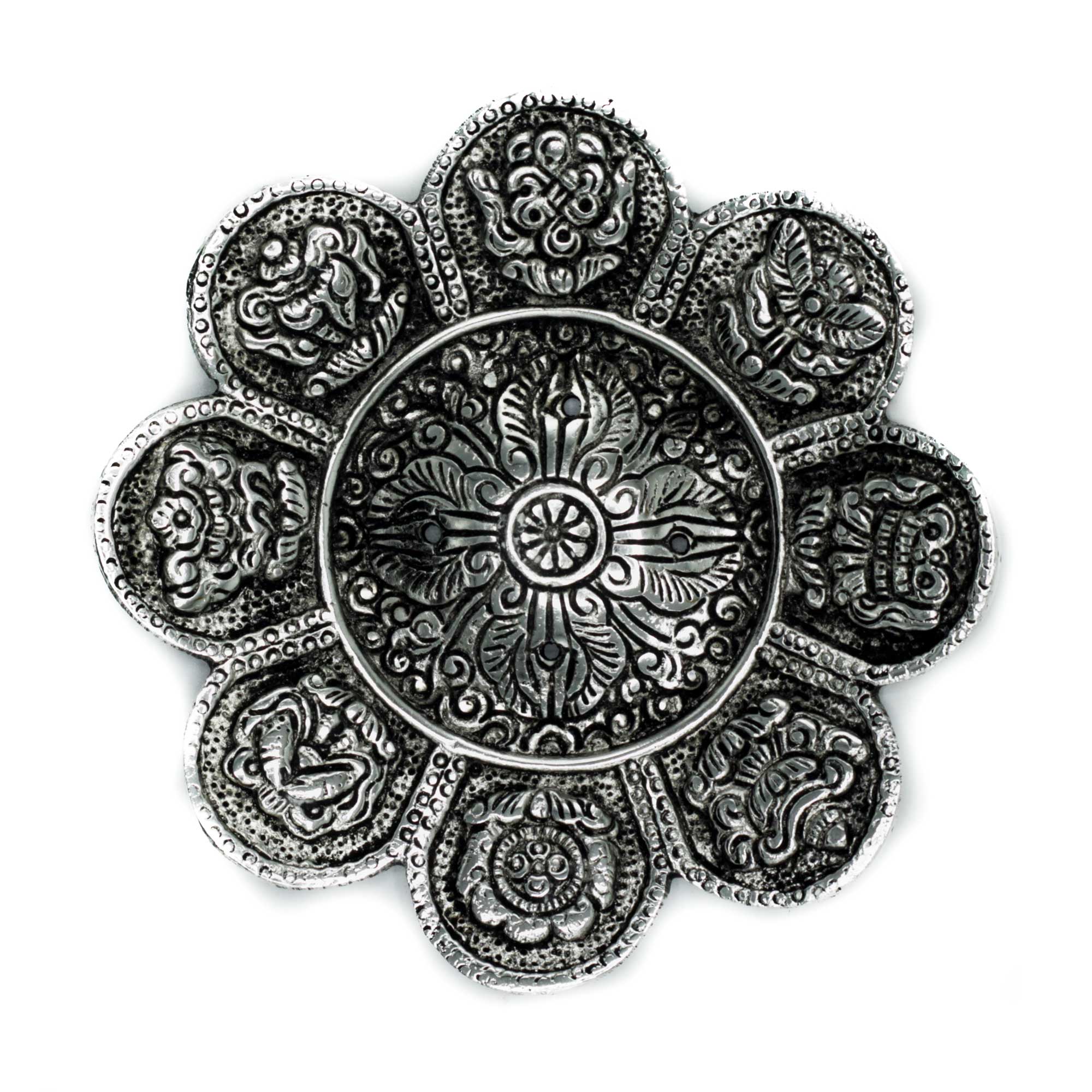Polished Aluminium Tibetan Symbols Incense Holder 12cm - 1 Piece (PAIH-04)