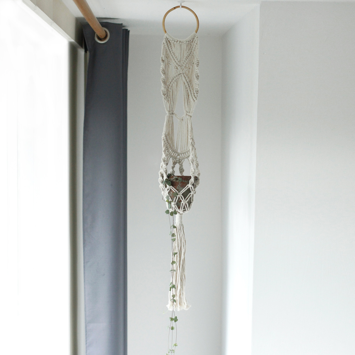 Macrame Pot Holder - Long With Ratten Hoop - 1 Piece (MacP-04)