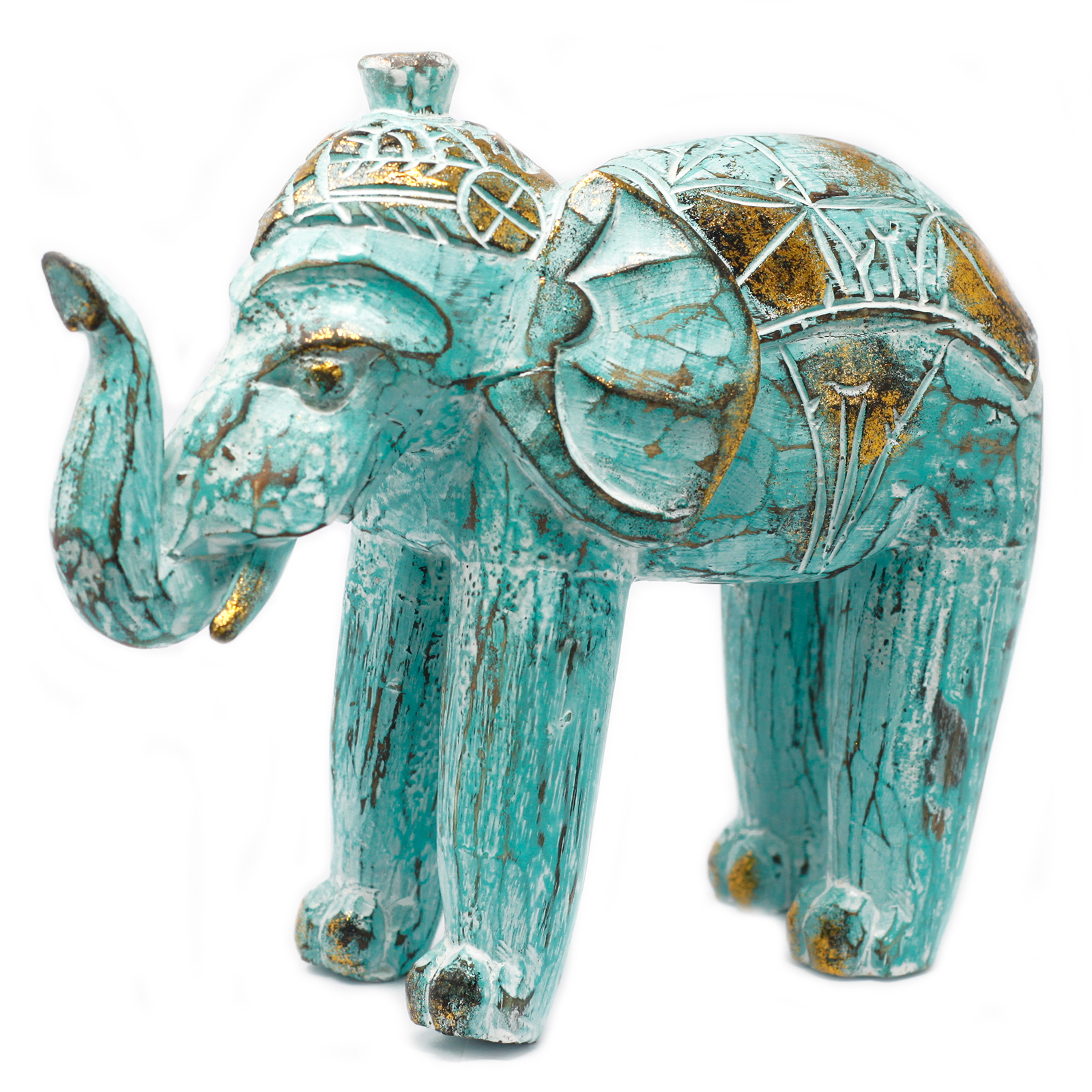 Wood Carved Elephant - Turquois Gold - 1 Piece (VINTEP-02)